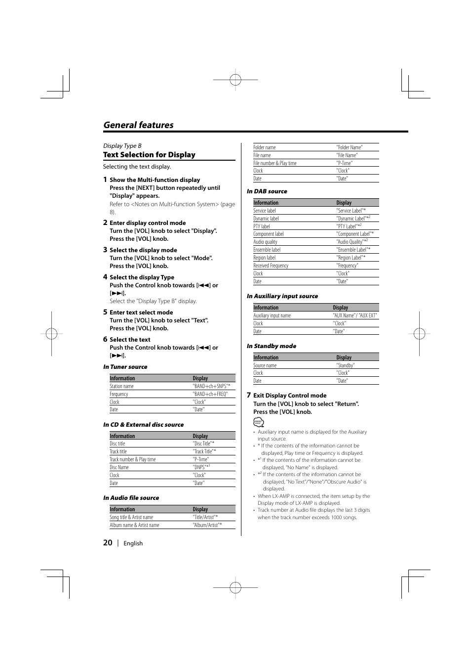 General features, Text selection for display | Kenwood XXV-01D User Manual | Page 20 / 58