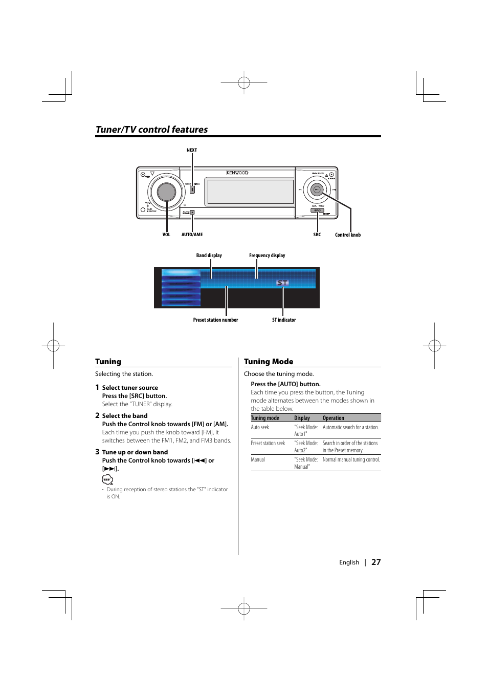 Tuner/tv control features, Tuning mode, Tuning | Kenwood XXV-01D User Manual | Page 27 / 58