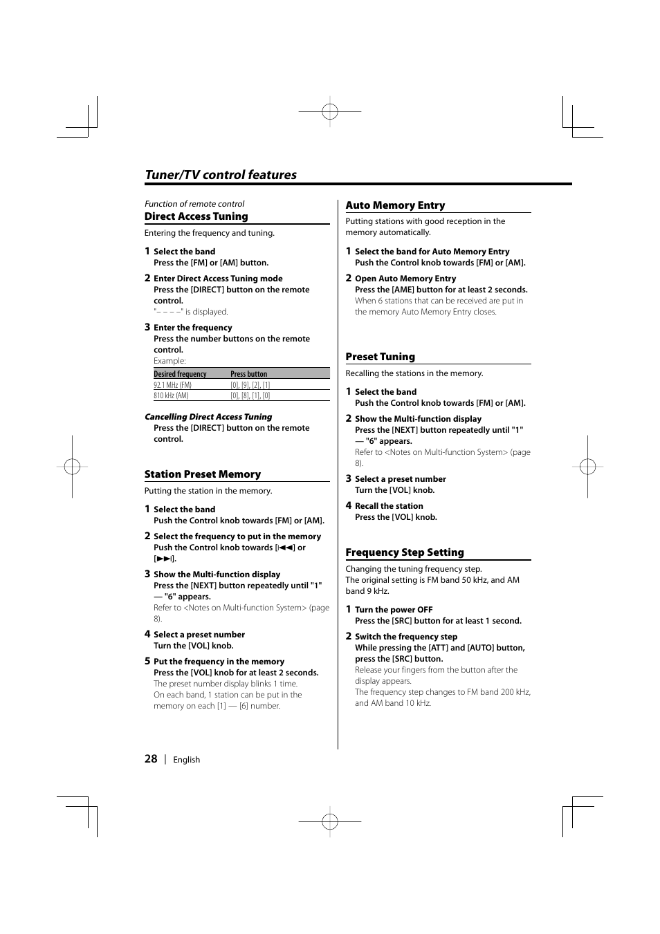 Tuner/tv control features | Kenwood XXV-01D User Manual | Page 28 / 58