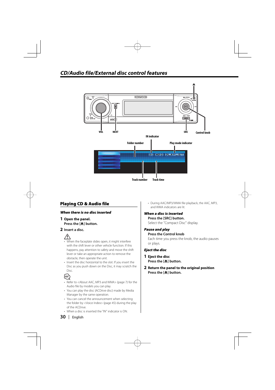 Cd/audio file/external disc control features, Playing cd & audio file | Kenwood XXV-01D User Manual | Page 30 / 58