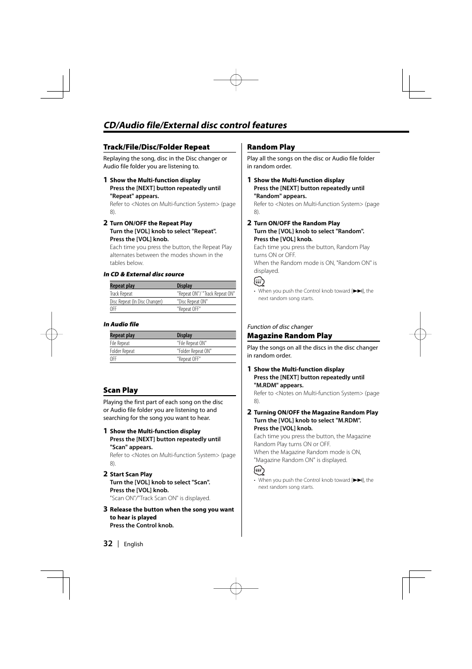 Cd/audio file/external disc control features | Kenwood XXV-01D User Manual | Page 32 / 58