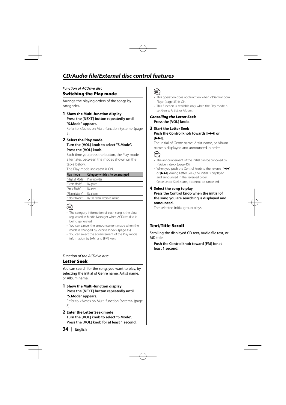 Cd/audio file/external disc control features | Kenwood XXV-01D User Manual | Page 34 / 58