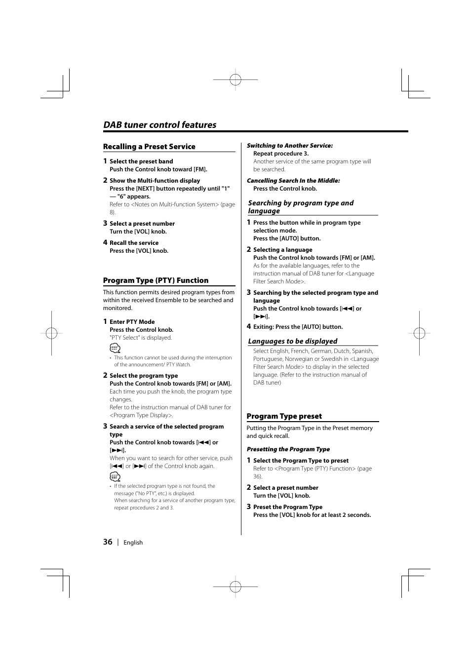 Dab tuner control features | Kenwood XXV-01D User Manual | Page 36 / 58