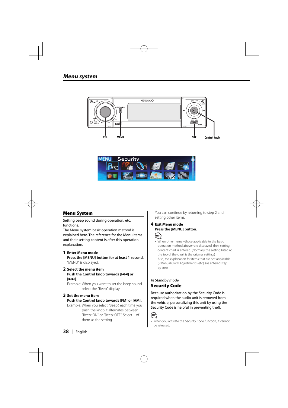 Menu system | Kenwood XXV-01D User Manual | Page 38 / 58