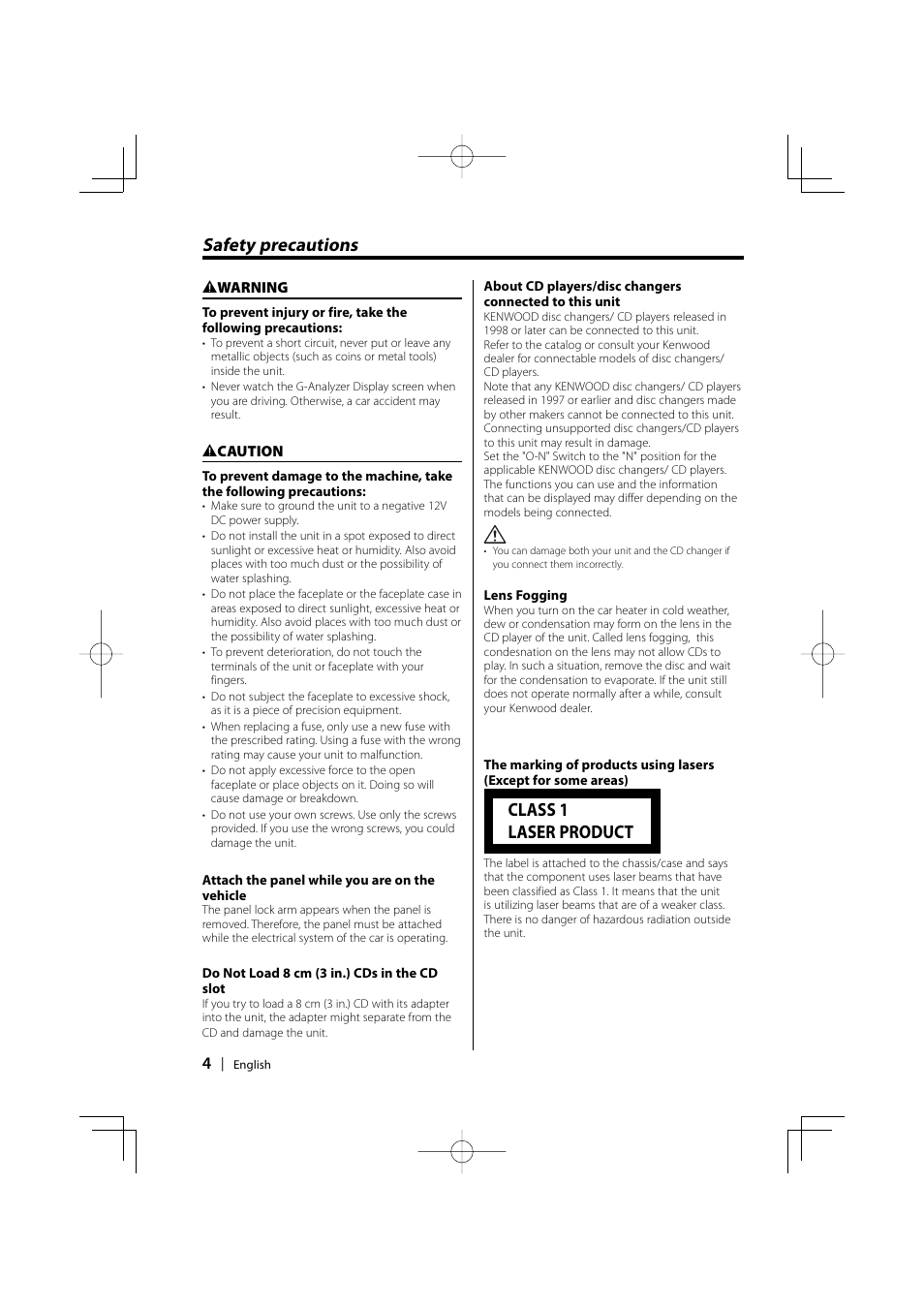 Safety precautions, Class 1 laser product | Kenwood XXV-01D User Manual | Page 4 / 58