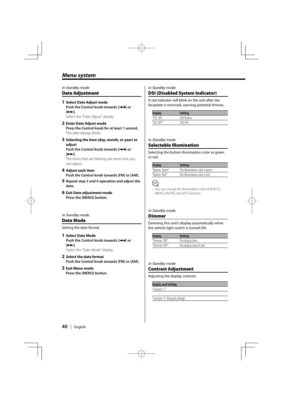 Menu system | Kenwood XXV-01D User Manual | Page 40 / 58