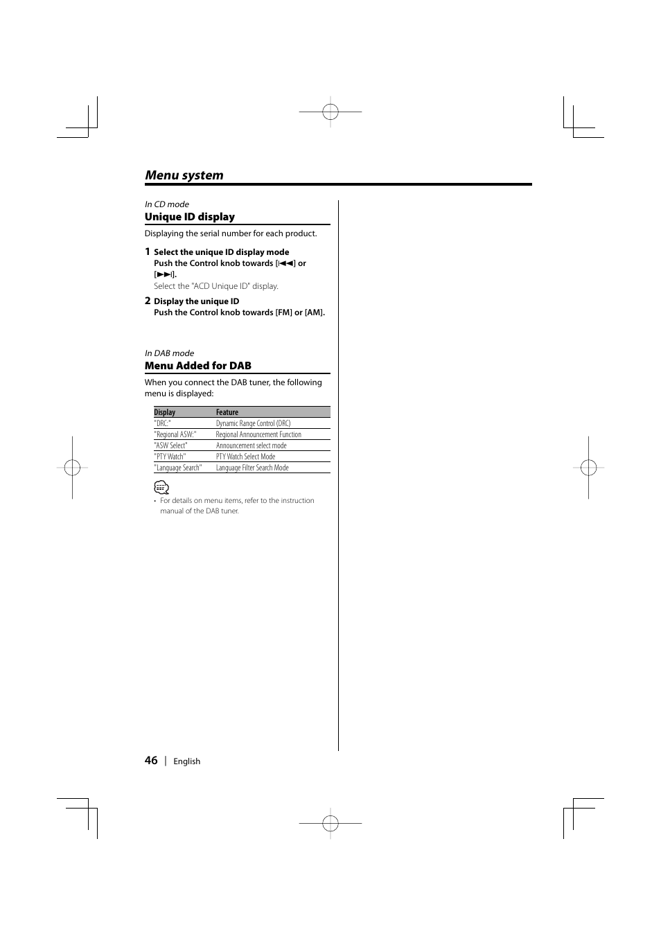 Menu system | Kenwood XXV-01D User Manual | Page 46 / 58