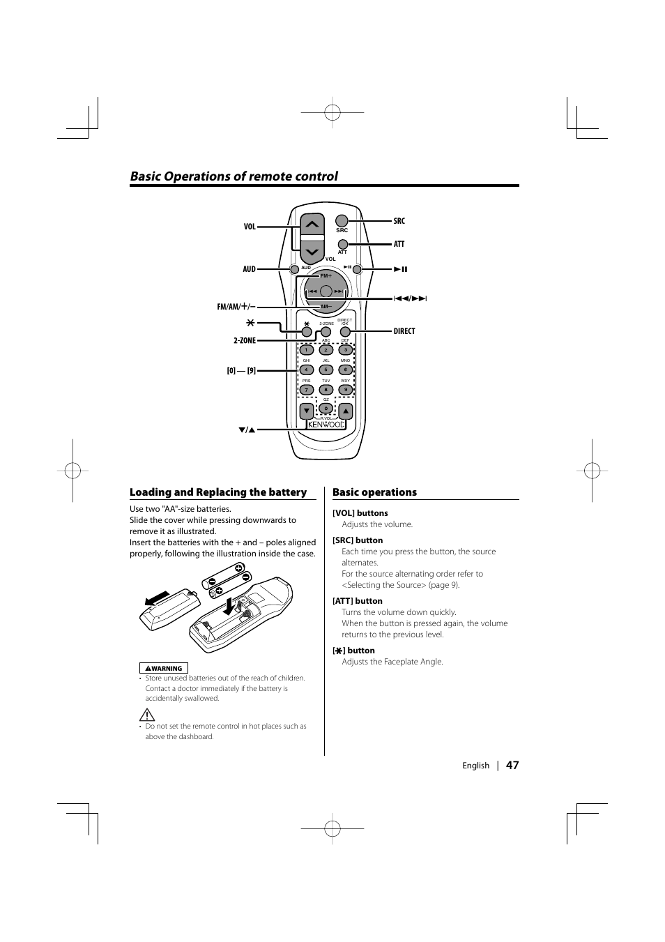 Basic operations of remote control, Loading and replacing the battery, Basic operations | Kenwood XXV-01D User Manual | Page 47 / 58