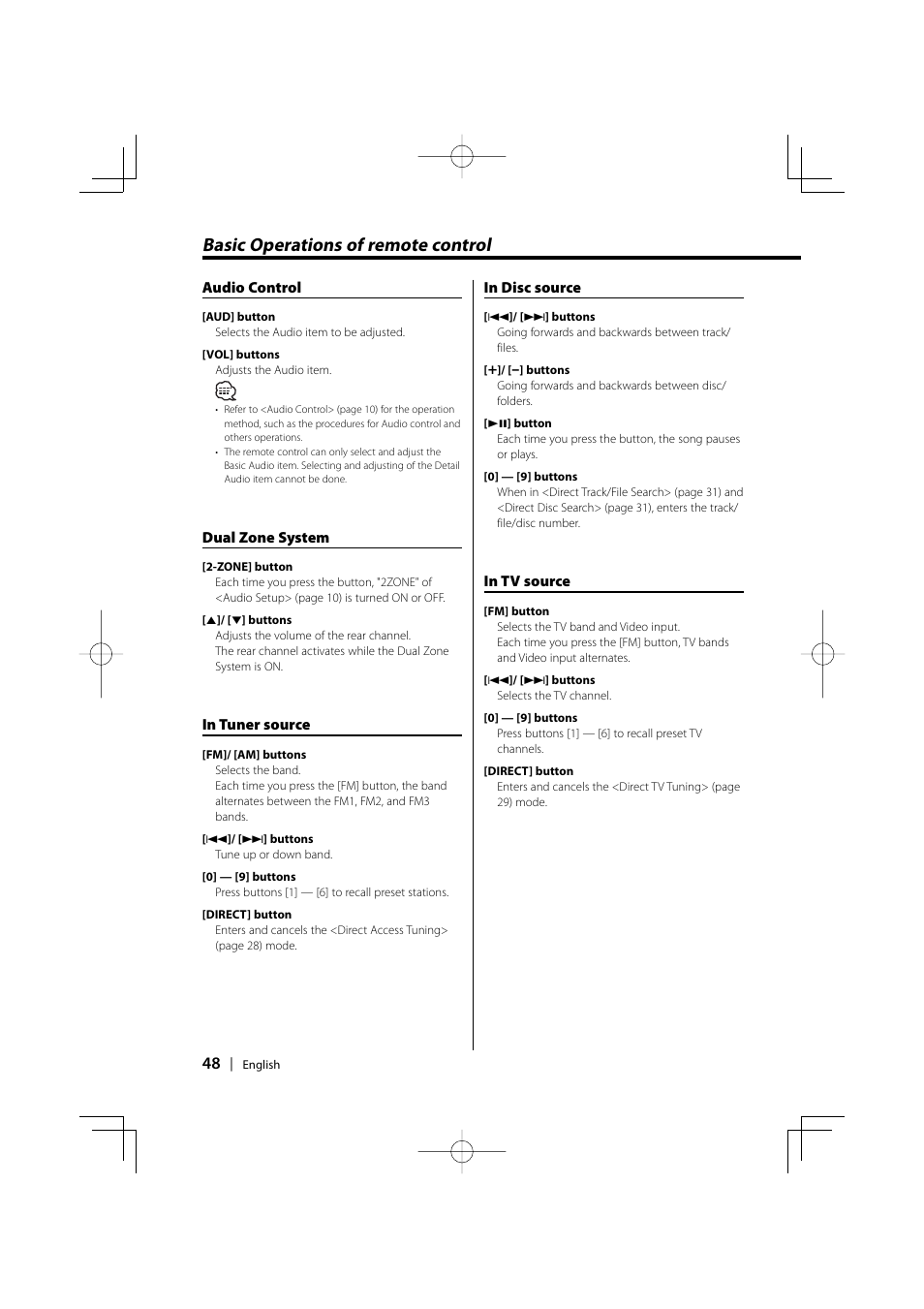 Basic operations of remote control | Kenwood XXV-01D User Manual | Page 48 / 58