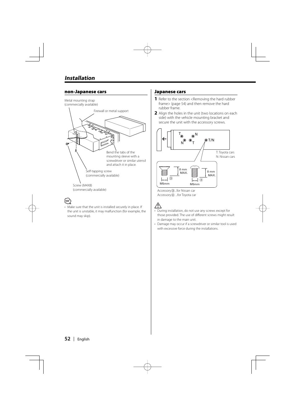 Installation, Non-japanese cars japanese cars 1 | Kenwood XXV-01D User Manual | Page 52 / 58