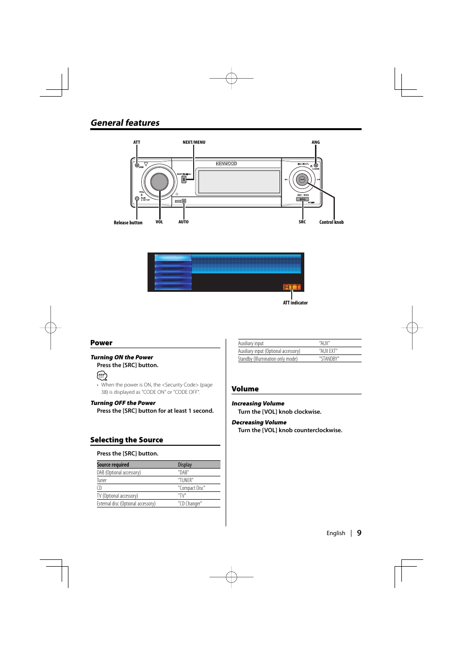 General features, Power, Selecting the source | Volume | Kenwood XXV-01D User Manual | Page 9 / 58