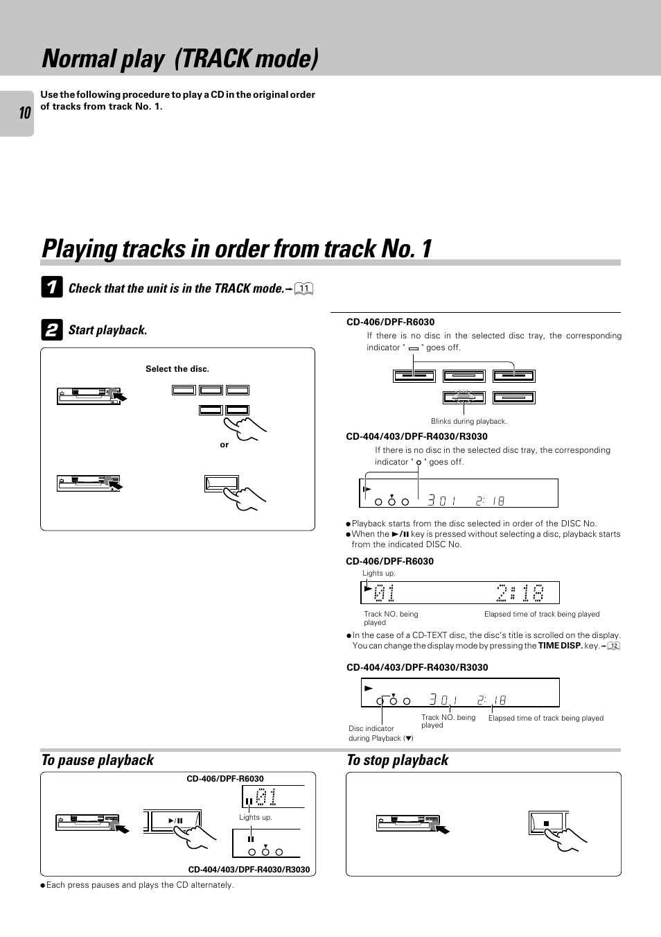 Normal play (track mode), Playing tracks in order from track no. 1, 1playing tracks in order from track no. 1 | Check that the unit is in the track mode, Start playback, Each press pauses and plays the cd alternately | Kenwood DPF-R 6030 User Manual | Page 10 / 24