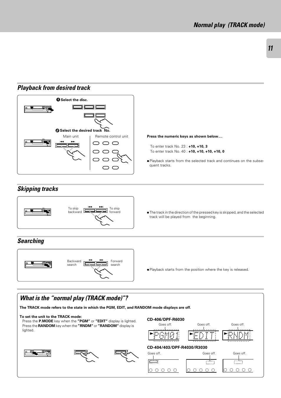 Skipping tracks playback from desired track, Searching, What is the “normal play (track mode) | Normal play (track mode) | Kenwood DPF-R 6030 User Manual | Page 11 / 24