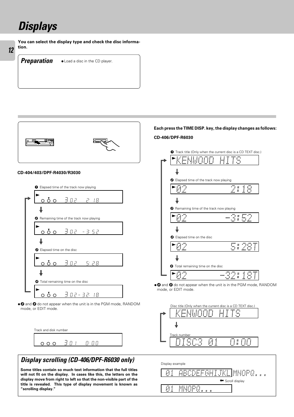 Displays, Preparation, During stop mode | During playback: during stop mode, Load a disc in the cd player, Display example scroll display, Track and disk number | Kenwood DPF-R 6030 User Manual | Page 12 / 24