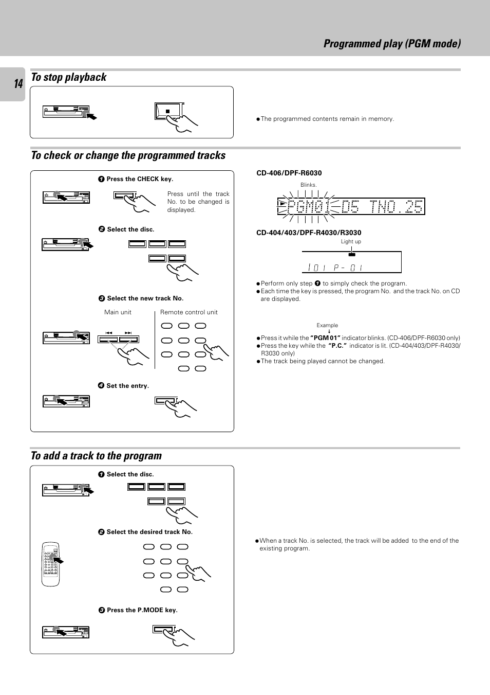 To stop playback, To check or change the programmed tracks, To add a track to the program | Kenwood DPF-R 6030 User Manual | Page 14 / 24