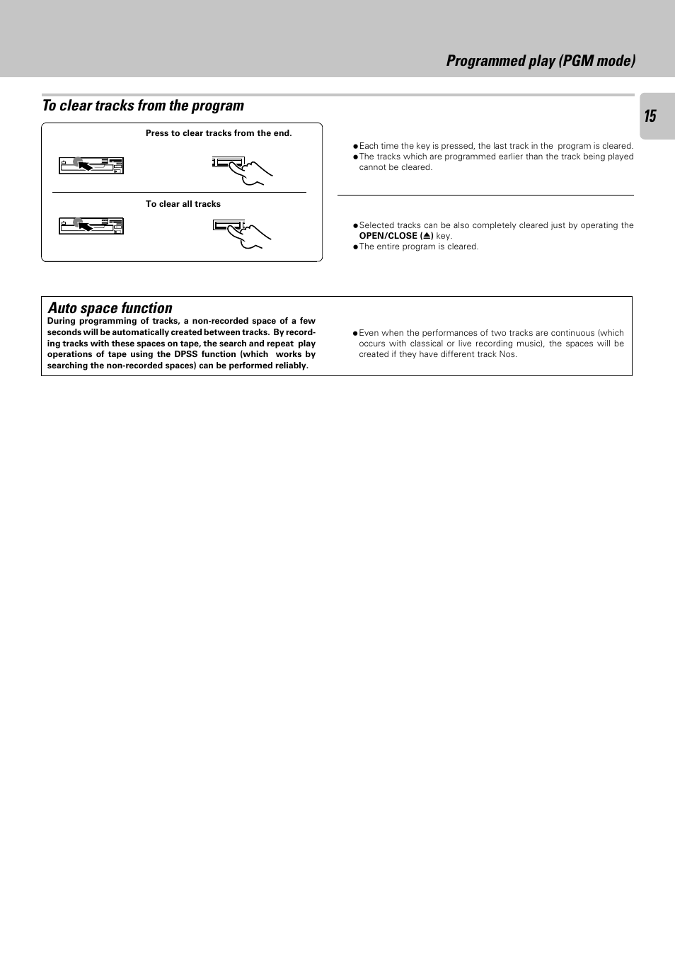 To clear tracks from the program, Auto space function, Programmed play (pgm mode) | Kenwood DPF-R 6030 User Manual | Page 15 / 24