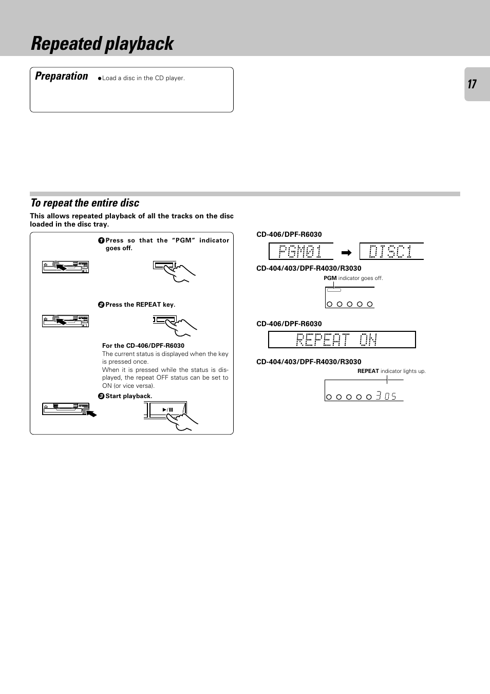 Repeated playback, To repeat the entire disc, Preparation | Load a disc in the cd player, Press so that the “pgm” indicator goes off, Start playback | Kenwood DPF-R 6030 User Manual | Page 17 / 24