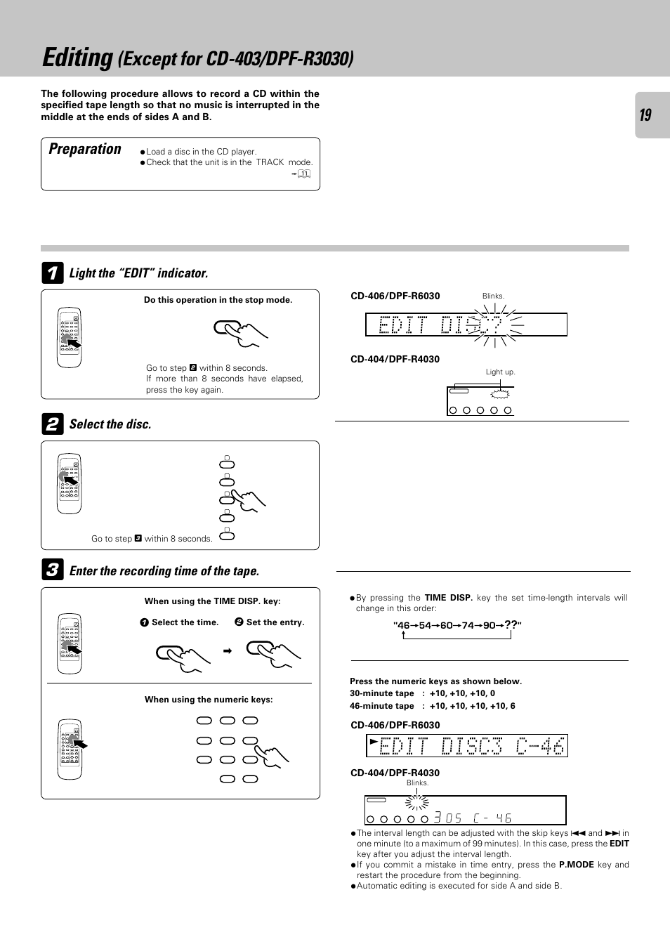 Editing (except for cd-403/dpf-r3030), Editing, Preparation | Light the “edit” indicator, Select the disc, Enter the recording time of the tape | Kenwood DPF-R 6030 User Manual | Page 19 / 24