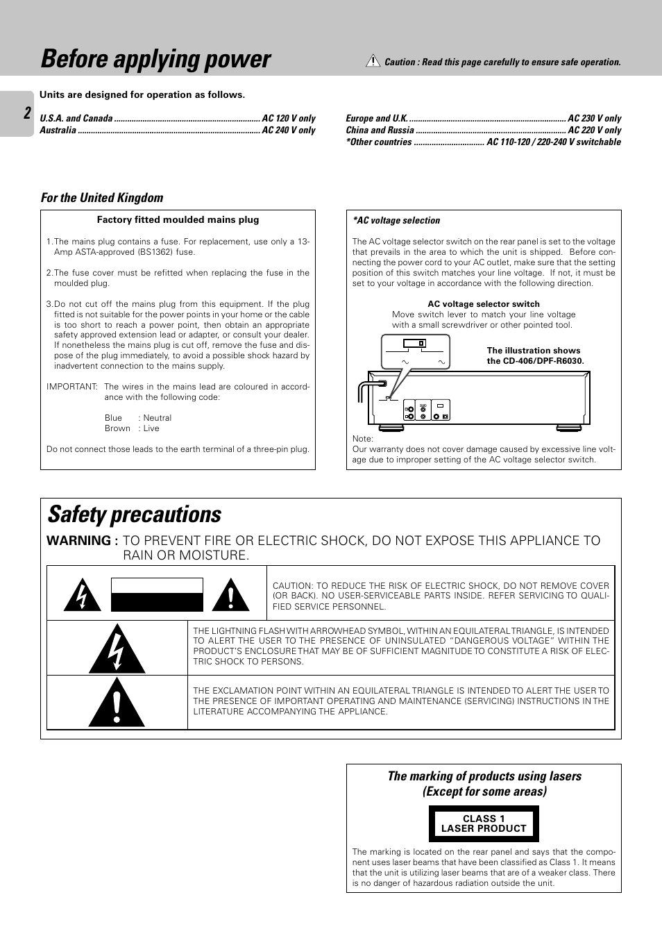 Before applying power, Safety precautions, For the united kingdom | Caution | Kenwood DPF-R 6030 User Manual | Page 2 / 24