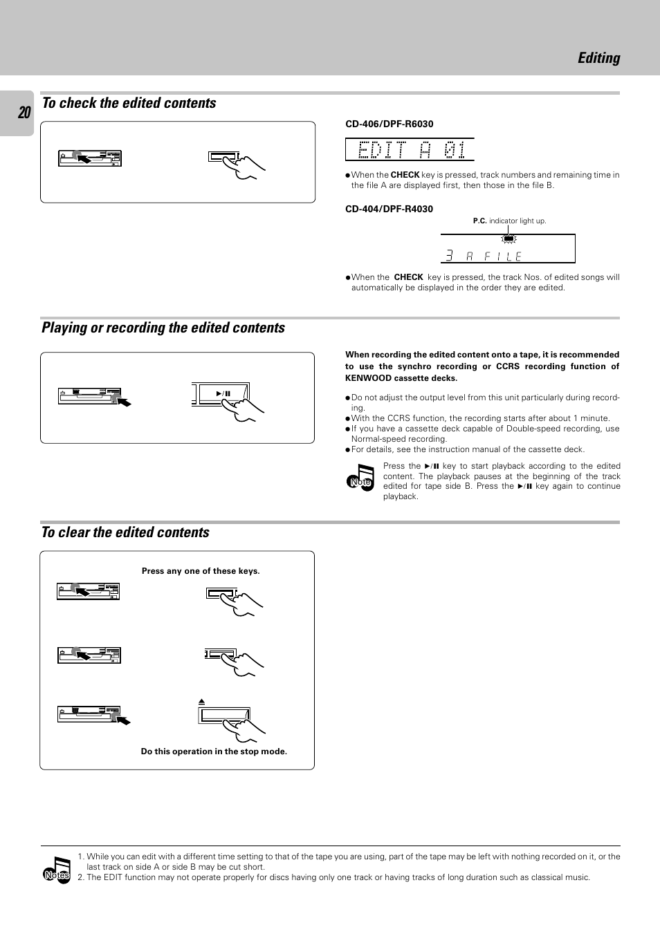 To check the edited contents, Playing or recording the edited contents, To clear the edited contents | Editing | Kenwood DPF-R 6030 User Manual | Page 20 / 24