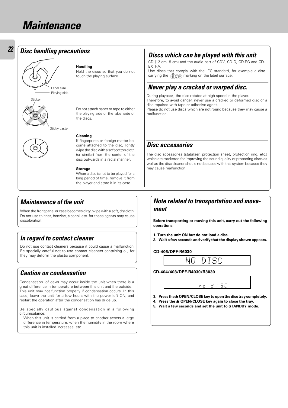 Maintenance, Never play a cracked or warped disc, Discs which can be played with this unit | Maintenance of the unit, Disc accessories, Caution on condensation | Kenwood DPF-R 6030 User Manual | Page 22 / 24