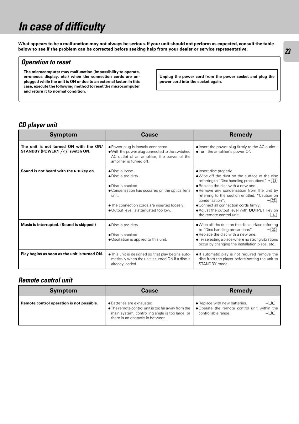 In case of difficulty, Operation to reset, Cd player unit remote control unit | Symptom cause remedy | Kenwood DPF-R 6030 User Manual | Page 23 / 24