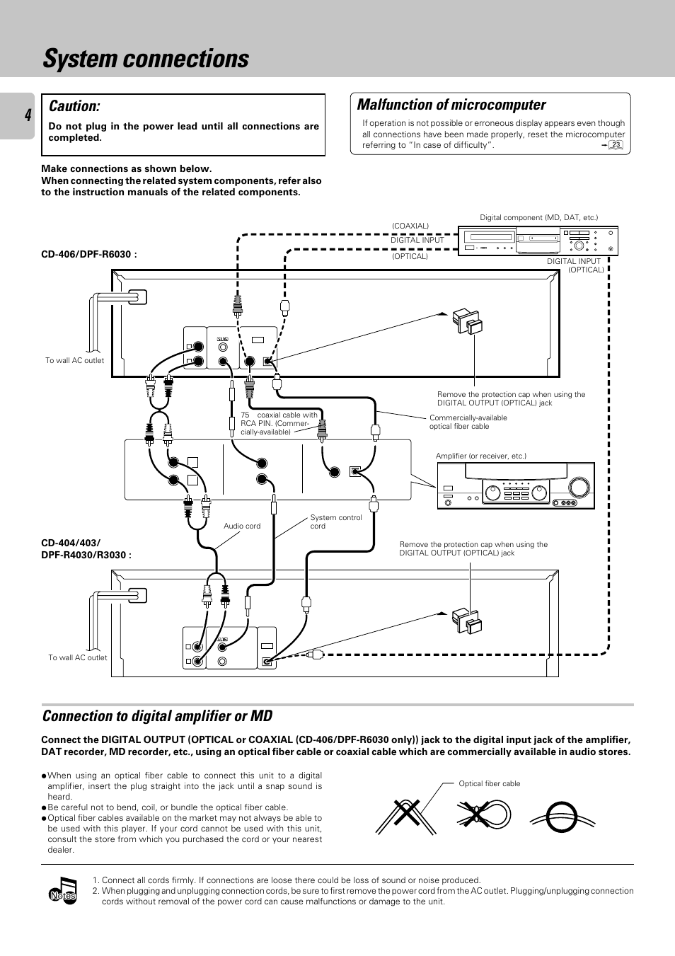 System connections, Caution, Connection to digital amplifier or md | Malfunction of microcomputer | Kenwood DPF-R 6030 User Manual | Page 4 / 24