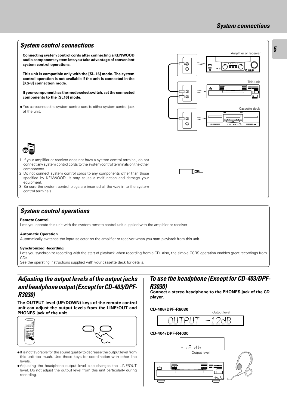 To use the headphone (except for cd-403/dpf-r3030), System control connections, System control operations | System connections | Kenwood DPF-R 6030 User Manual | Page 5 / 24