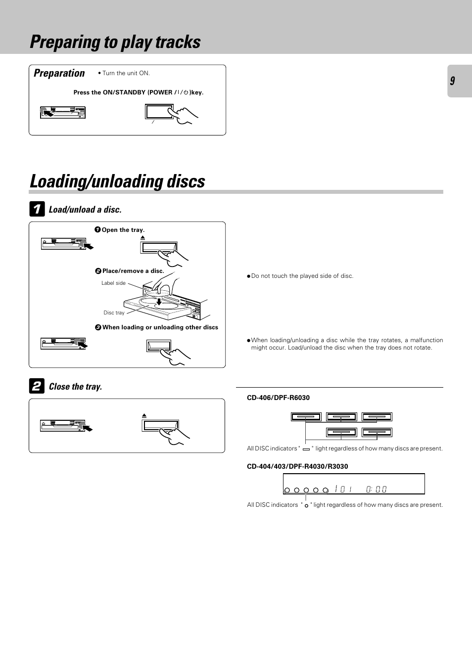 Preparing to play tracks, Loading/unloading discs, 1preparing to play tracks | Preparation, Load/unload a disc. close the tray | Kenwood DPF-R 6030 User Manual | Page 9 / 24