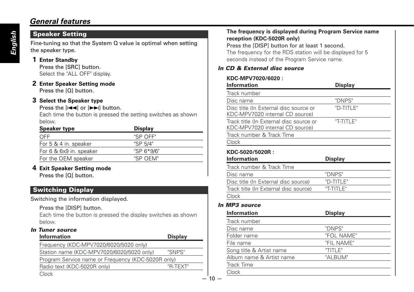 General features, English | Kenwood KDC-5020 User Manual | Page 10 / 44