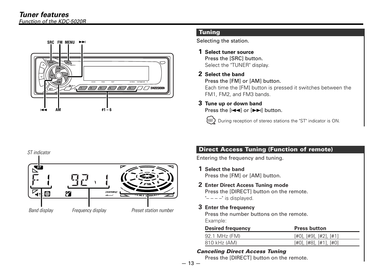 Tuner features(kdc-5020r), Tuner features, Direct access tuning (function of remote) | Tuning | Kenwood KDC-5020 User Manual | Page 13 / 44