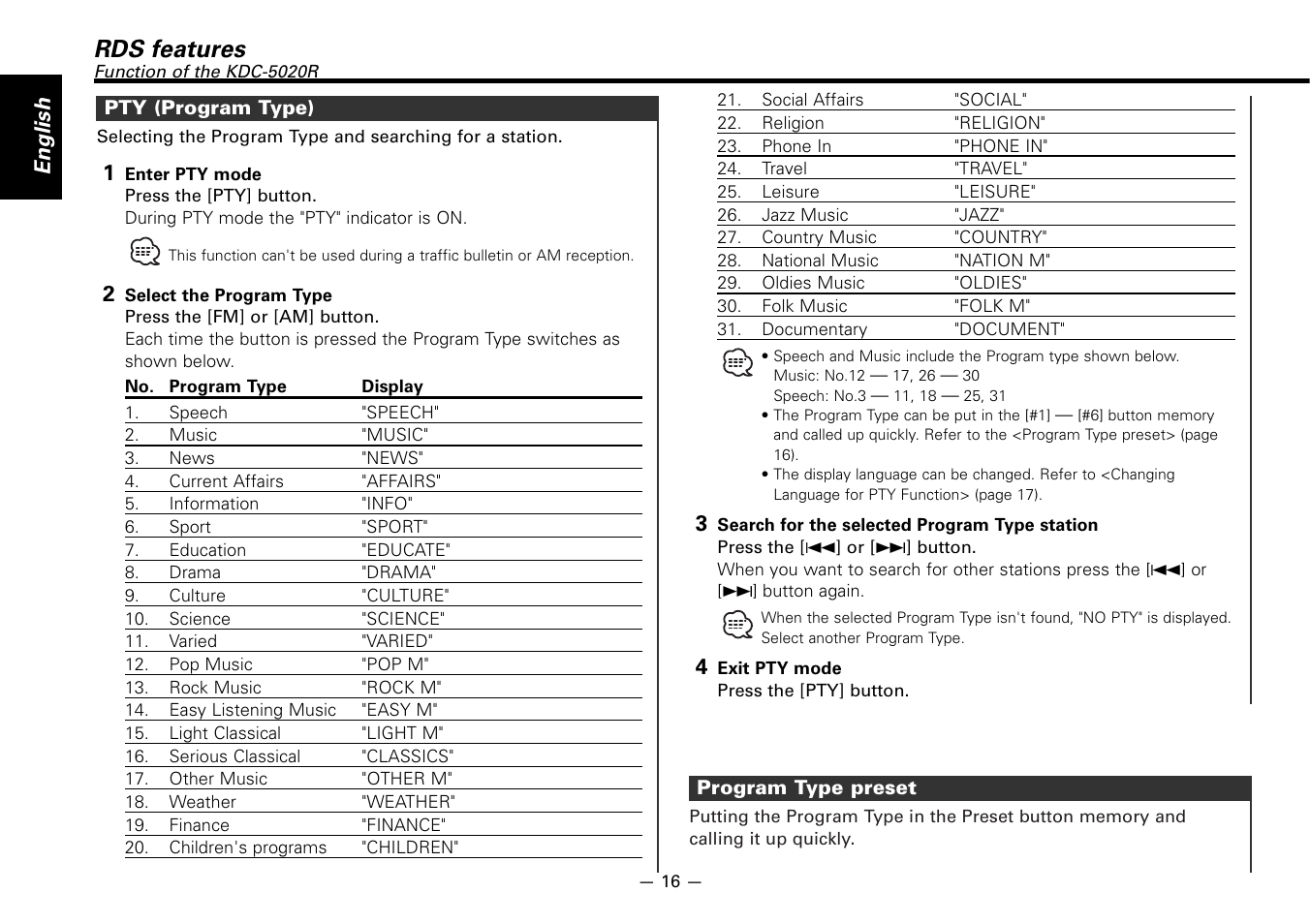 Rds features, English | Kenwood KDC-5020 User Manual | Page 16 / 44