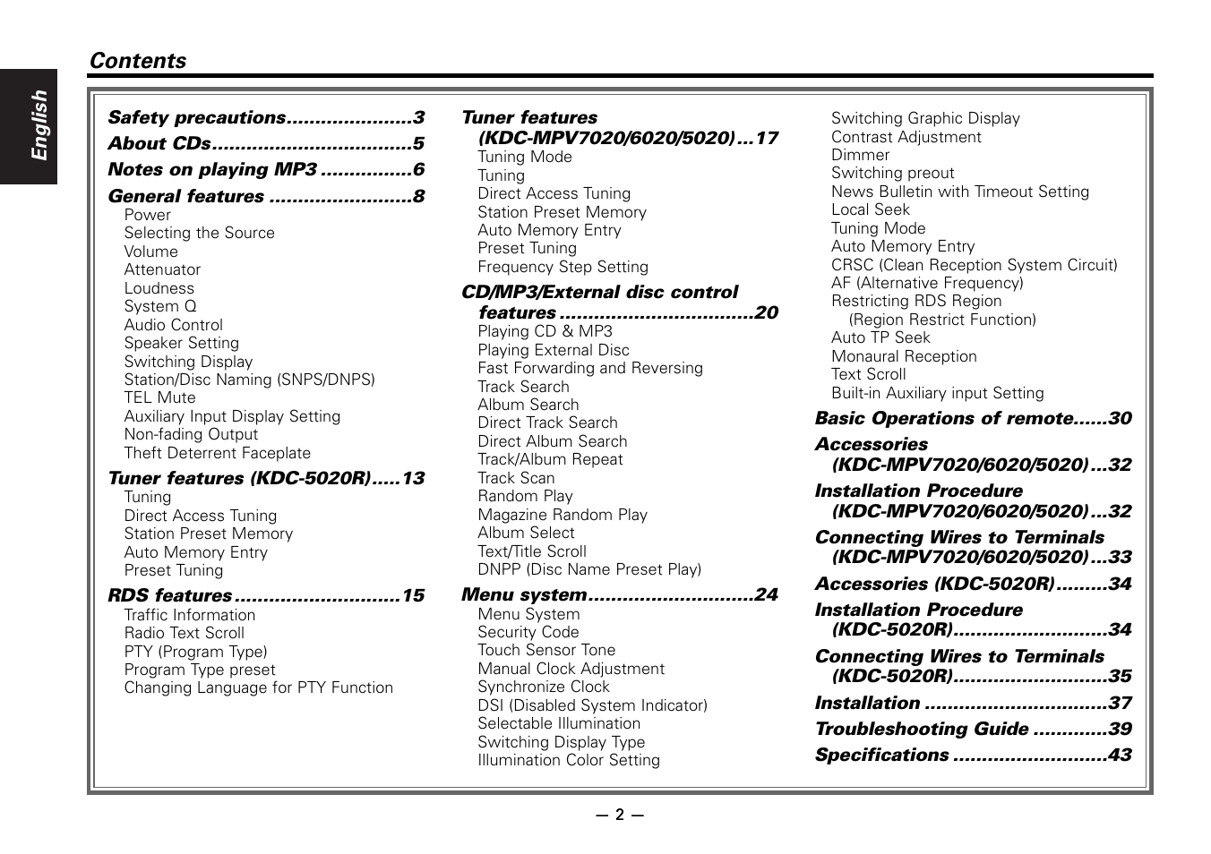 Kenwood KDC-5020 User Manual | Page 2 / 44