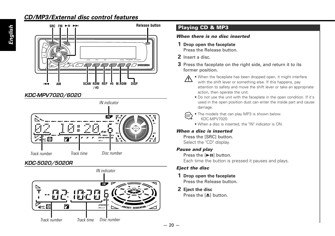 Cd/mp3/external disc control features, English, Playing cd & mp3 | Kenwood KDC-5020 User Manual | Page 20 / 44