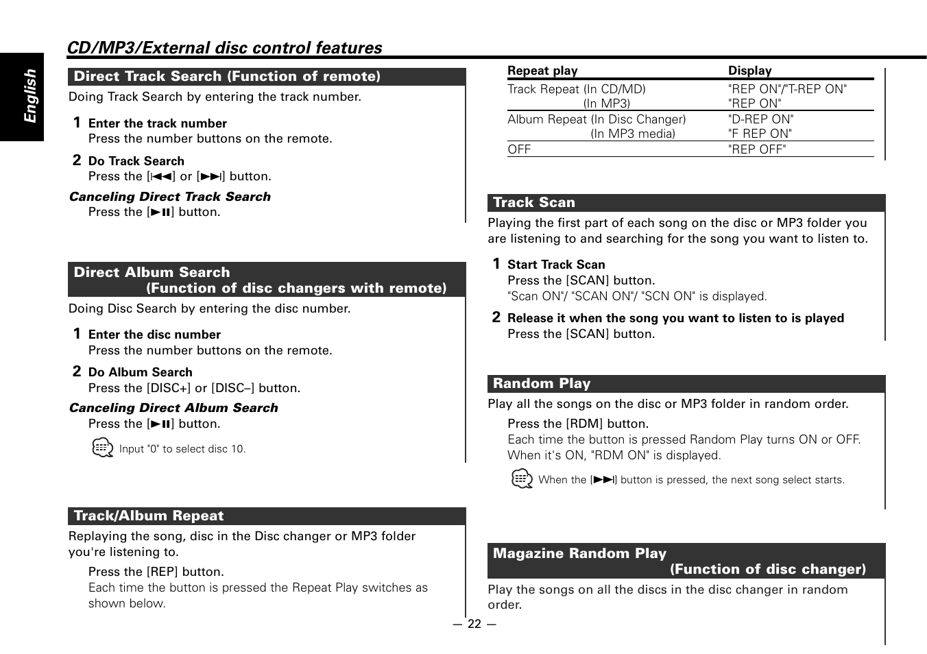 Cd/mp3/external disc control features | Kenwood KDC-5020 User Manual | Page 22 / 44