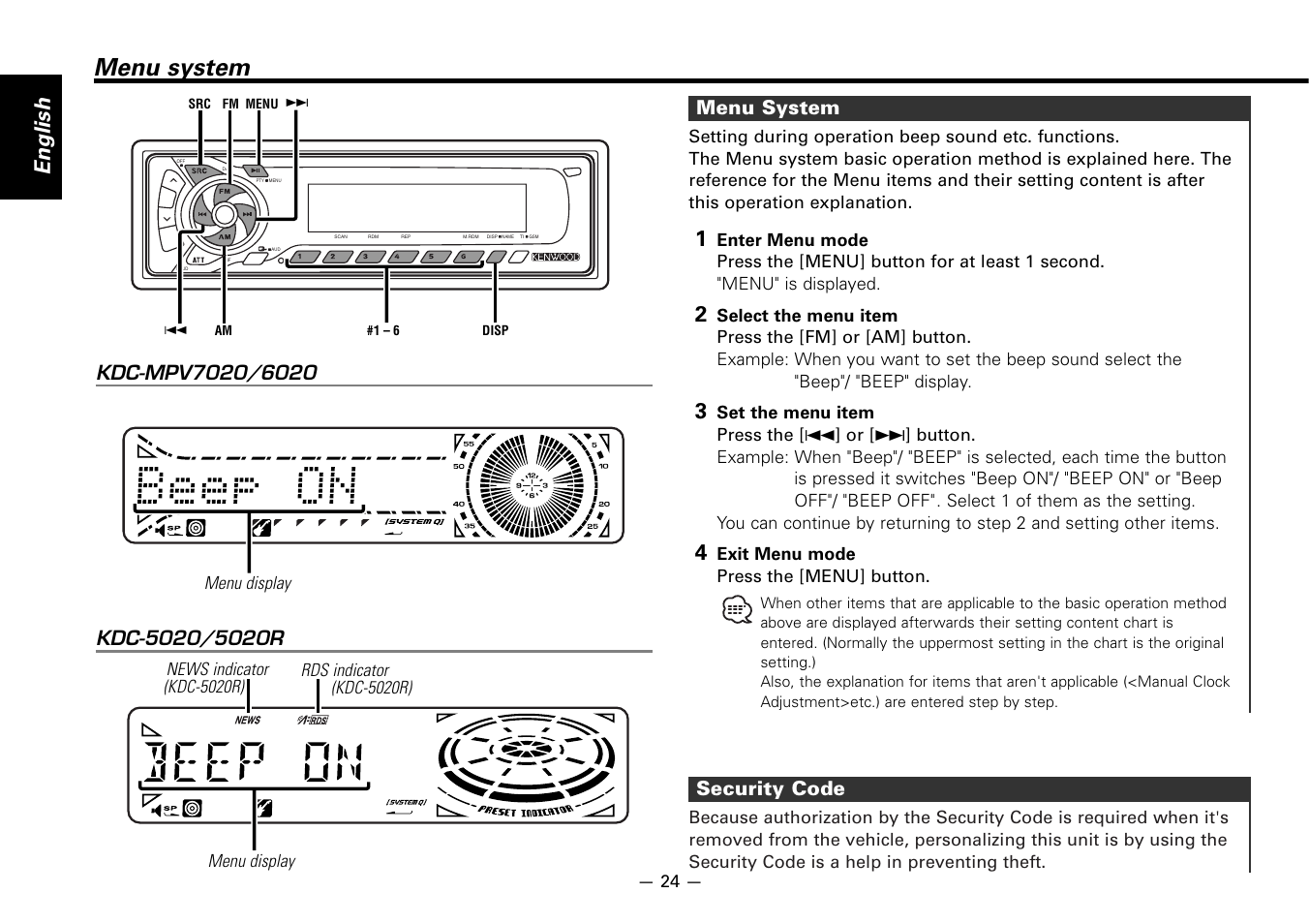 Menu system, English, Security code | Kenwood KDC-5020 User Manual | Page 24 / 44