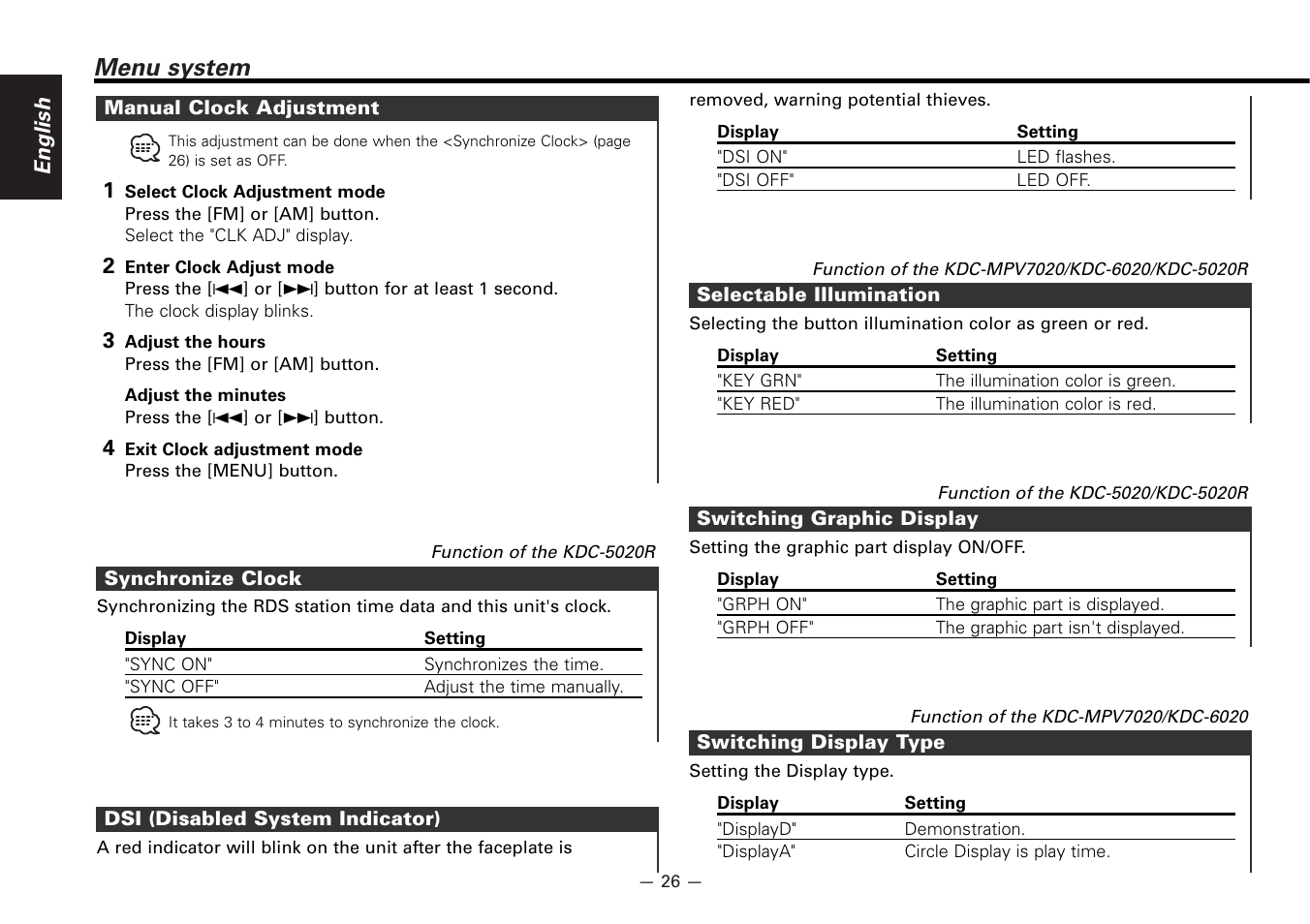 Menu system | Kenwood KDC-5020 User Manual | Page 26 / 44