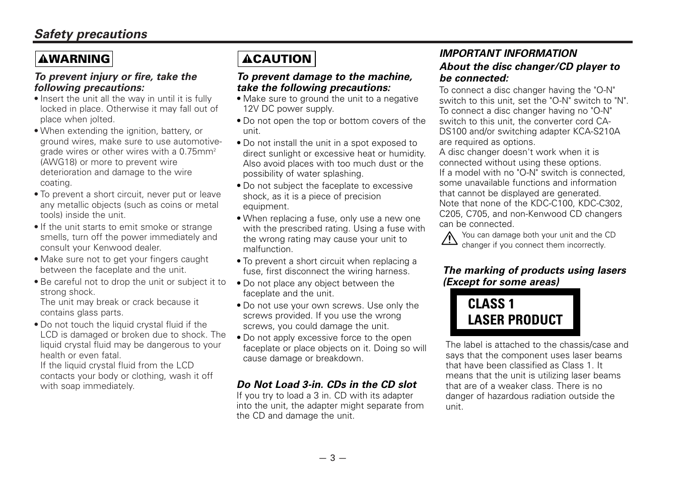 Safety precautions, Class 1 laser product, 2 warning | 2 caution | Kenwood KDC-5020 User Manual | Page 3 / 44