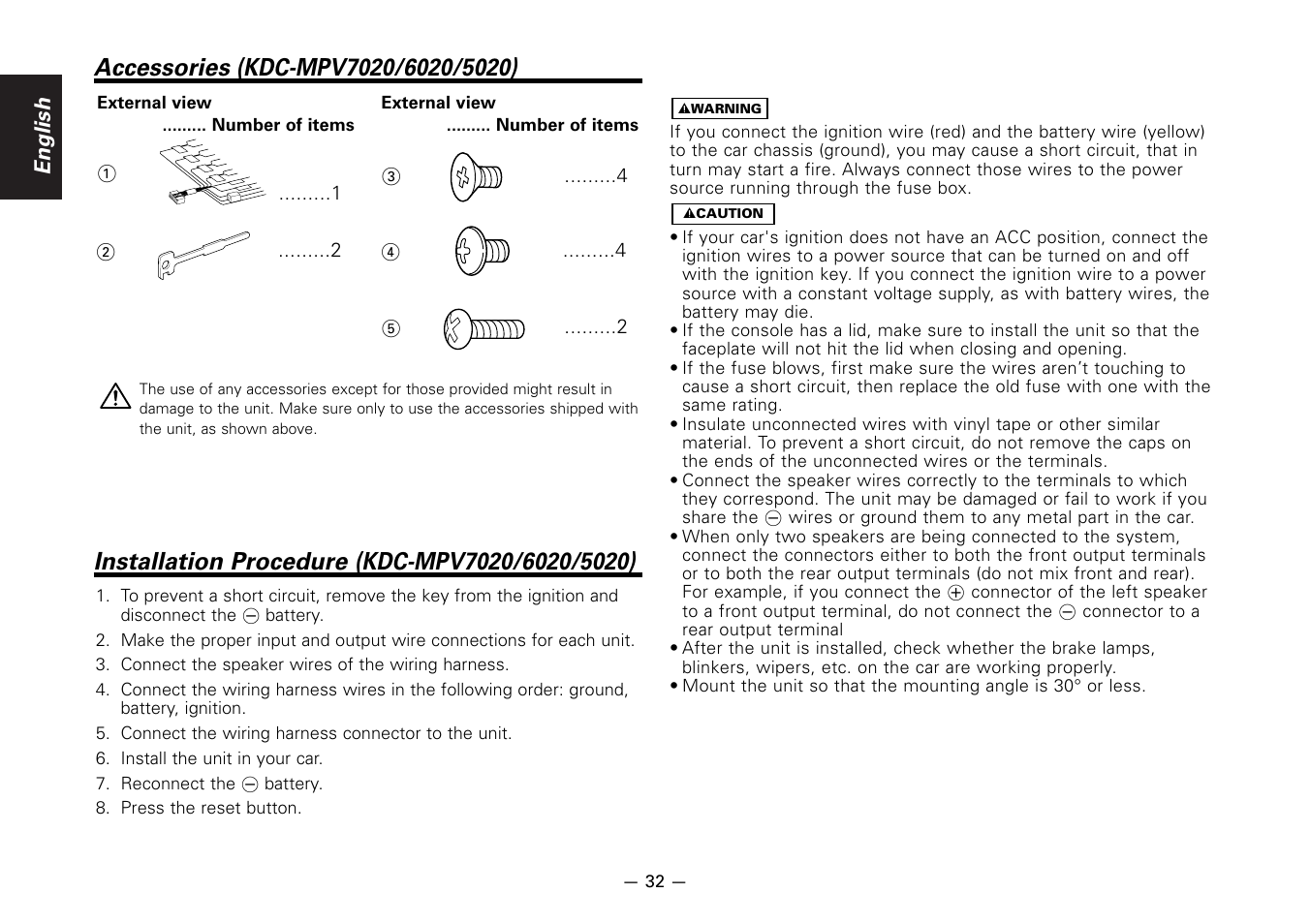 Accessories (kdc-mpv7020/6020/5020), Installation procedure (kdc-mpv7020/6020/5020) | Kenwood KDC-5020 User Manual | Page 32 / 44