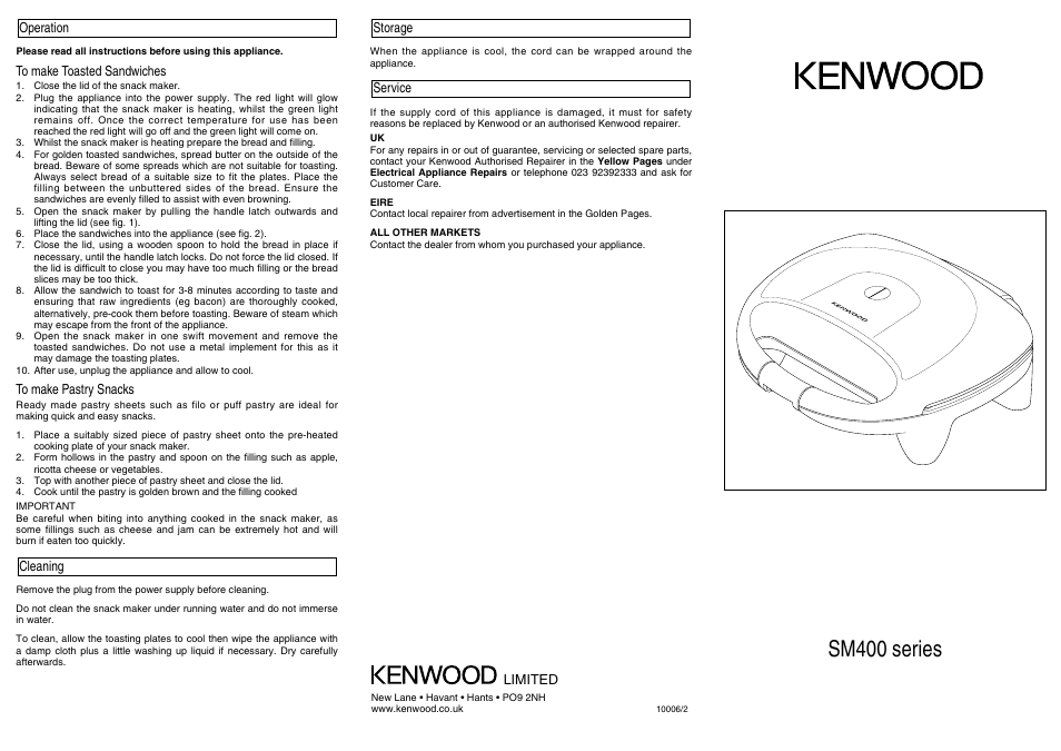 Sm400 series | Kenwood Snack Maker User Manual | Page 2 / 2