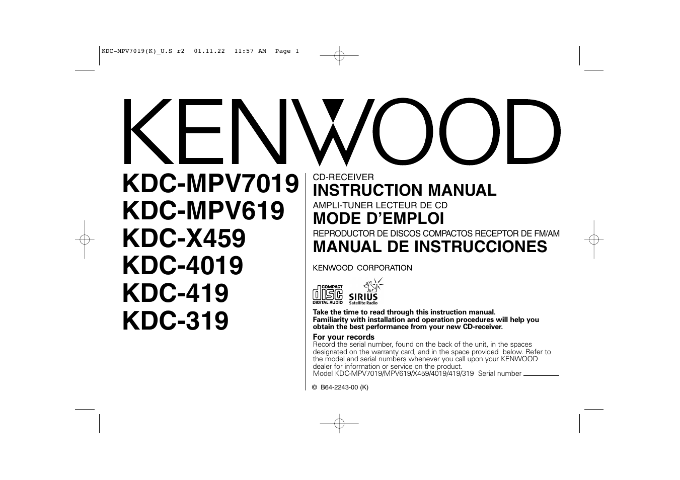 Kenwood KDC-X459 User Manual | 36 pages