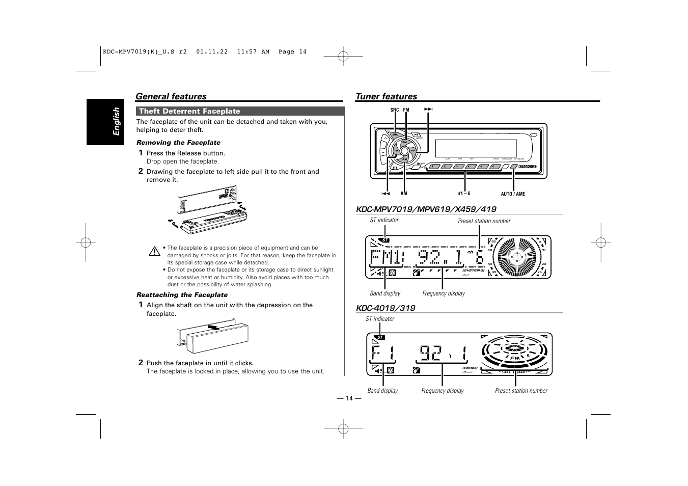 Tuner features, General features, English | Kenwood KDC-X459 User Manual | Page 14 / 36