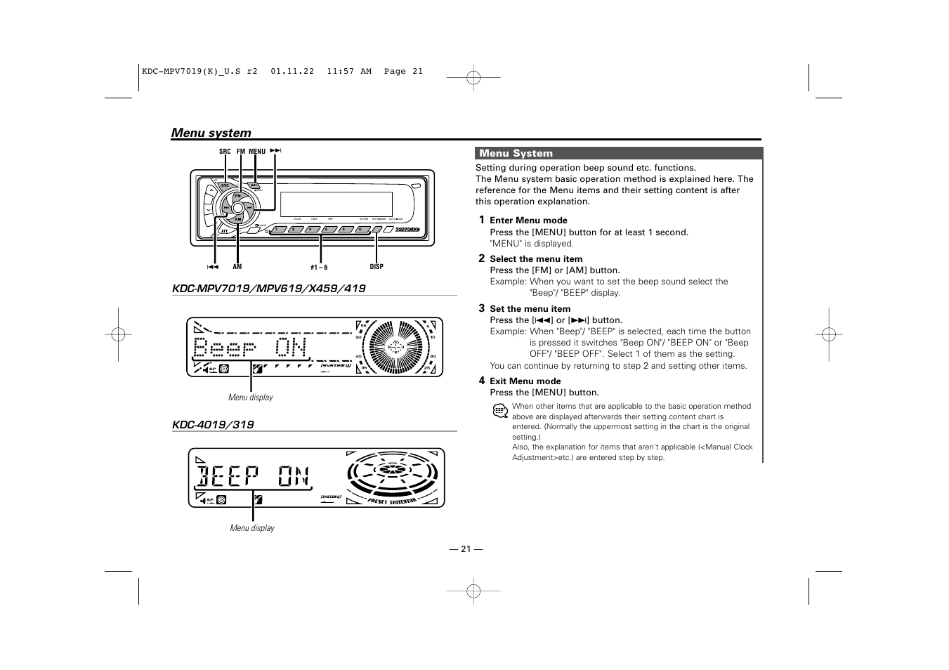 Menu system | Kenwood KDC-X459 User Manual | Page 21 / 36