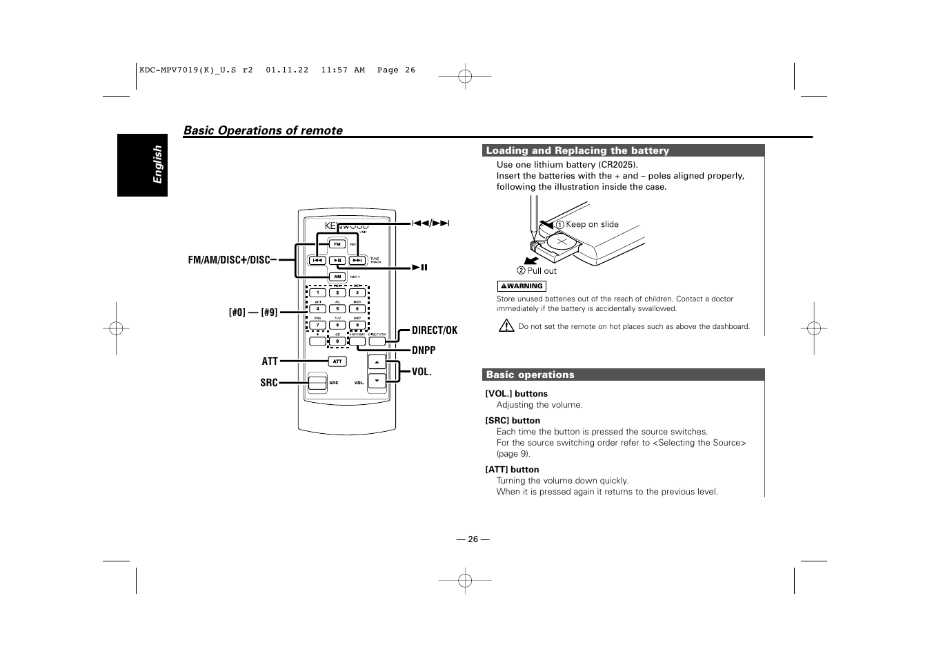 Basic operations of remote | Kenwood KDC-X459 User Manual | Page 26 / 36