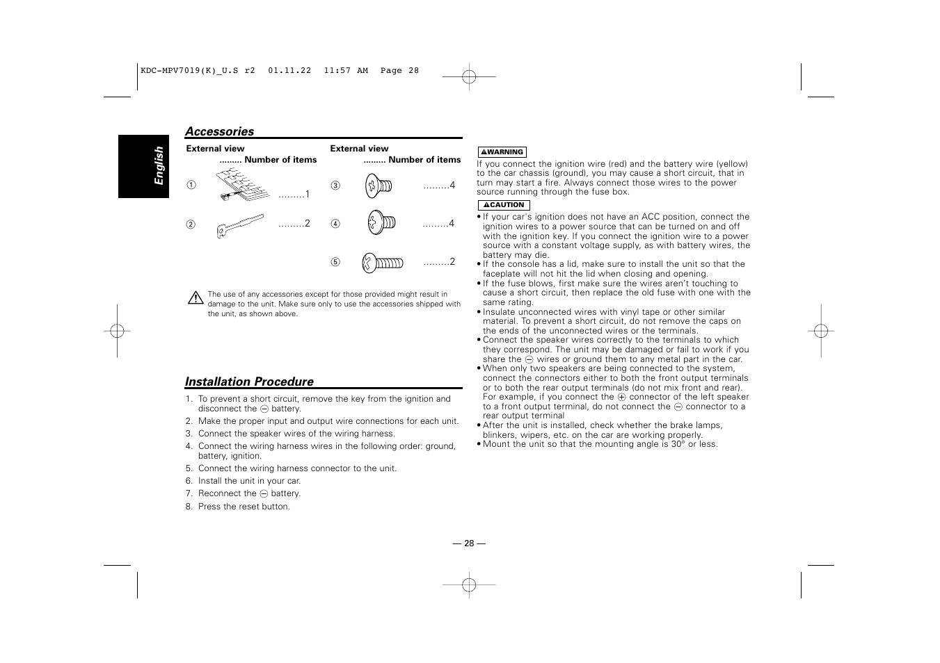 Accessories, Installation procedure | Kenwood KDC-X459 User Manual | Page 28 / 36