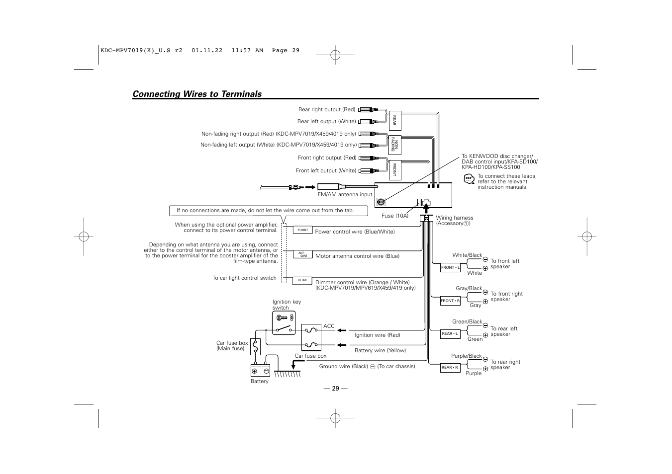 Connecting wires to terminals | Kenwood KDC-X459 User Manual | Page 29 / 36