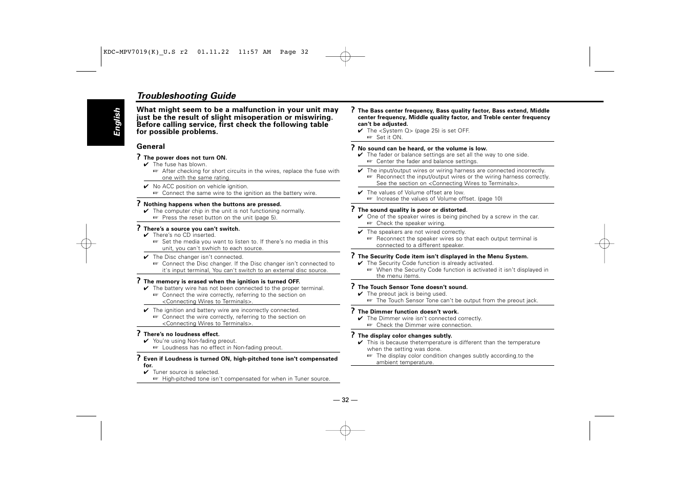 Troubleshooting guide | Kenwood KDC-X459 User Manual | Page 32 / 36