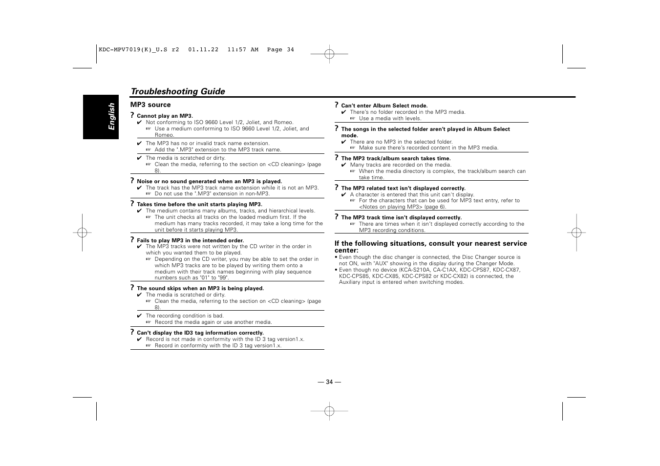 Troubleshooting guide | Kenwood KDC-X459 User Manual | Page 34 / 36