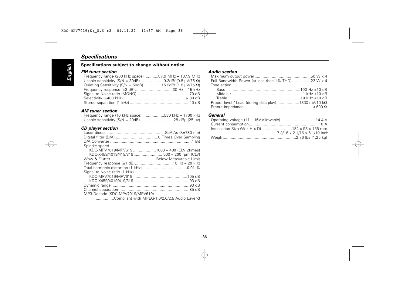 Specifications | Kenwood KDC-X459 User Manual | Page 36 / 36