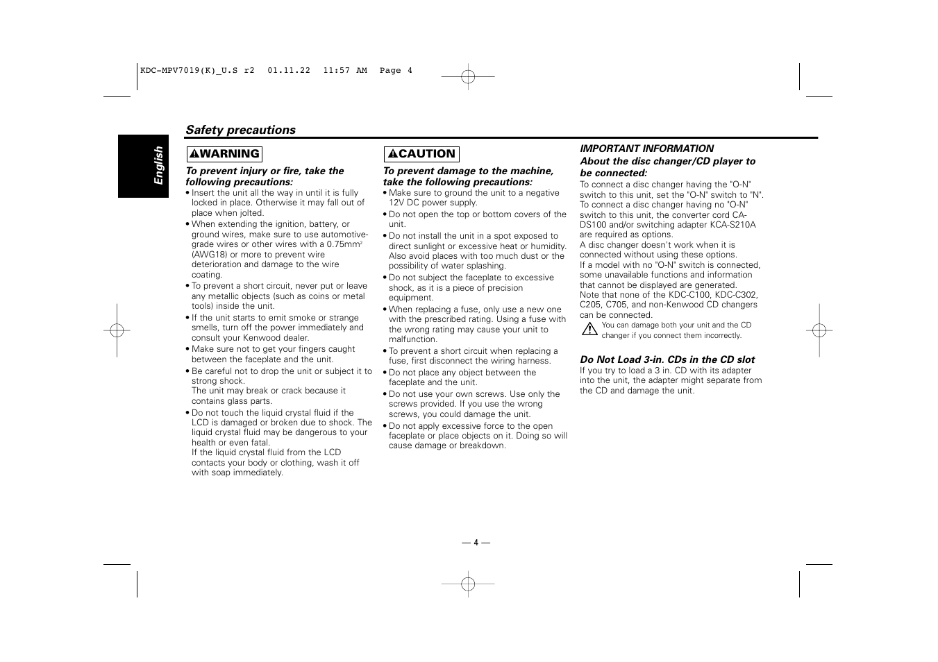 Safety precautions | Kenwood KDC-X459 User Manual | Page 4 / 36